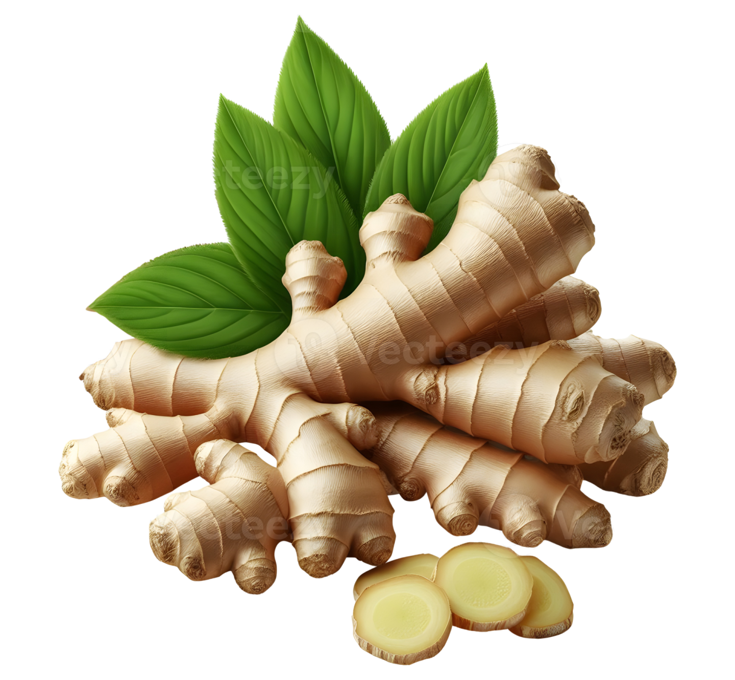 a pile of ginger root with green leaves