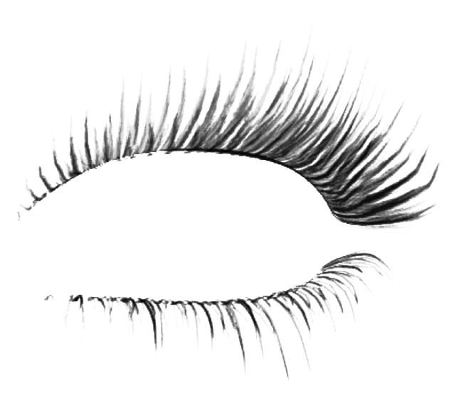 a black and white drawing of an eye with long eyelashes