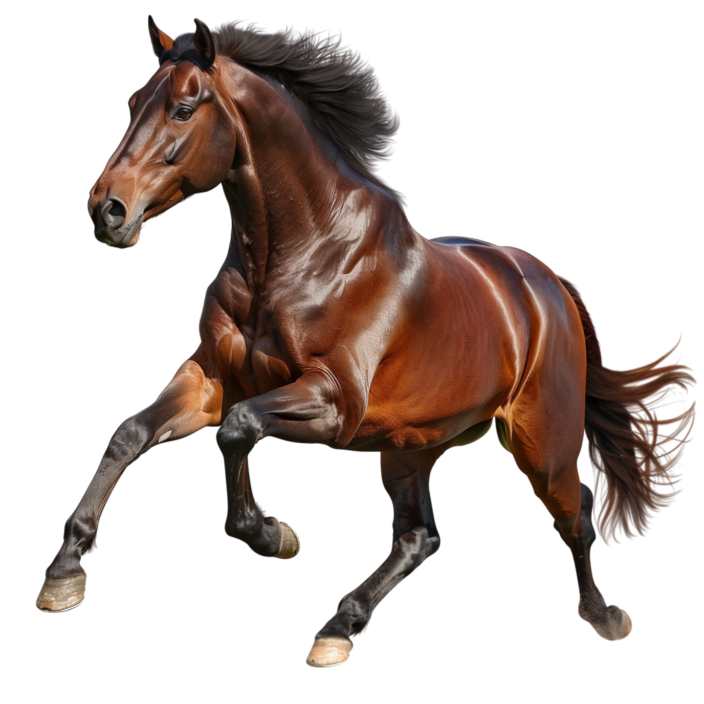 a brown horse galloing on a white background