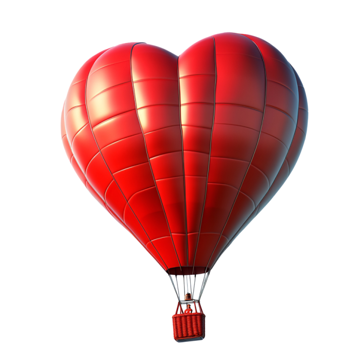a red hot air balloon in the shape of a heart