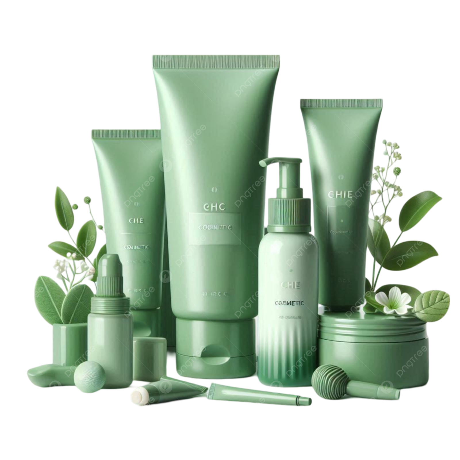 a set of green cosmetic products on white background
