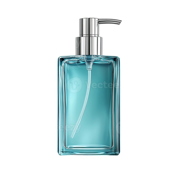 a bottle of blue liquid on a white background