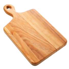 a wooden cutting board on a white background