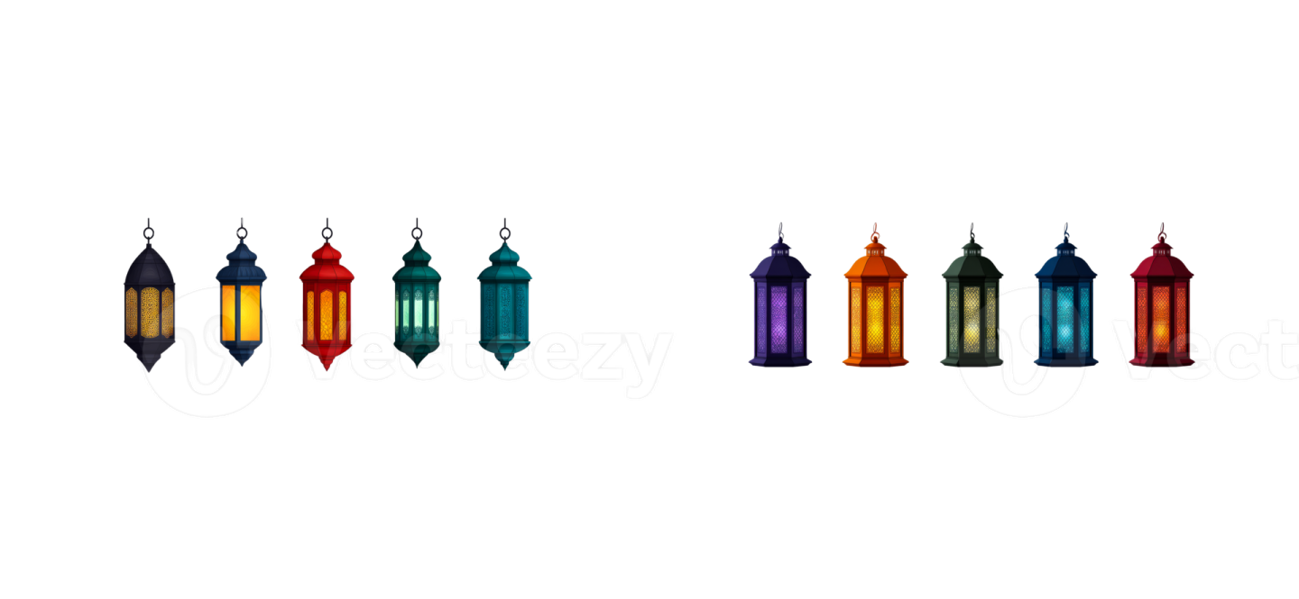 three colorful lanterns on a white background