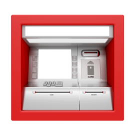 a red and white atm machine