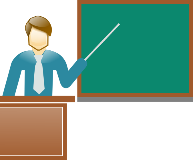 a man in front of a blackboard with a pointer