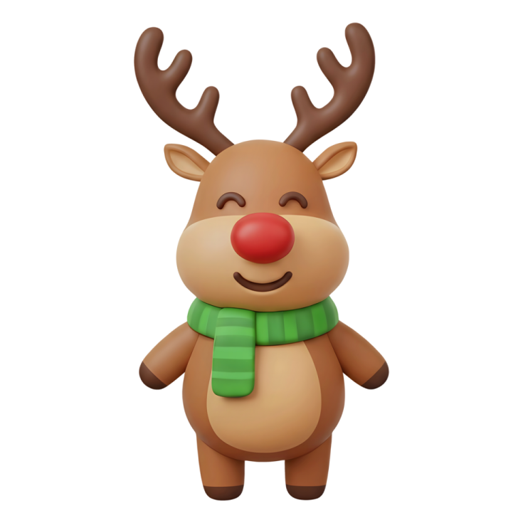 a reindeer with a green scarf and red nose