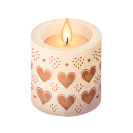 a white candle with hearts on it