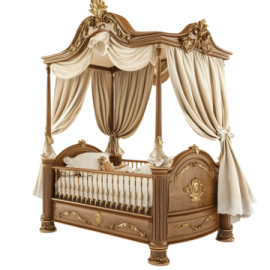 a wooden bed with curtains on top of it