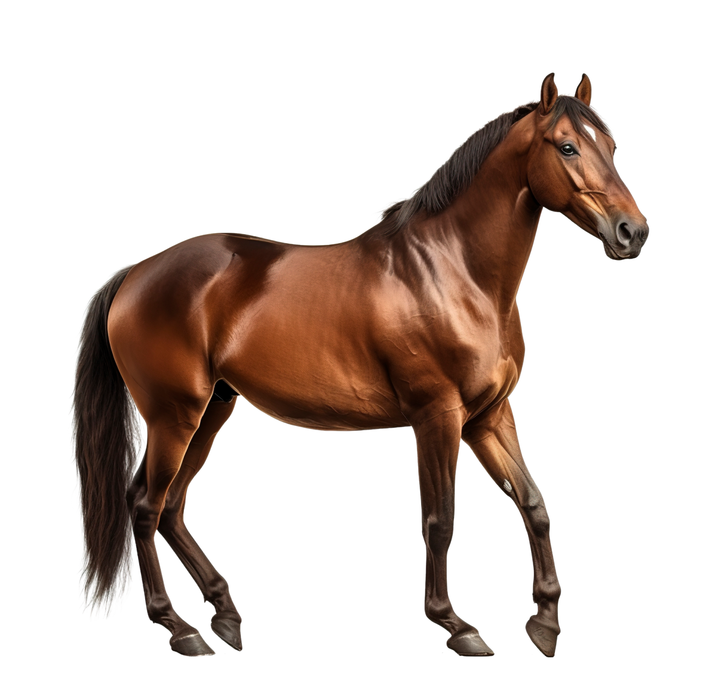a brown horse walking on a white background