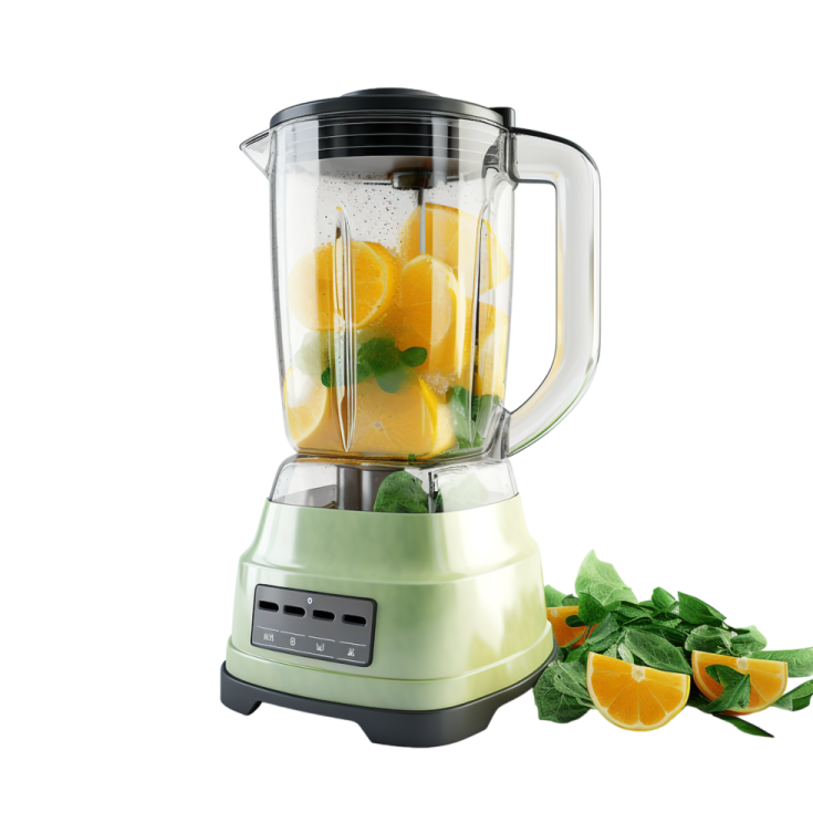 a blender with oranges and mint leaves in it