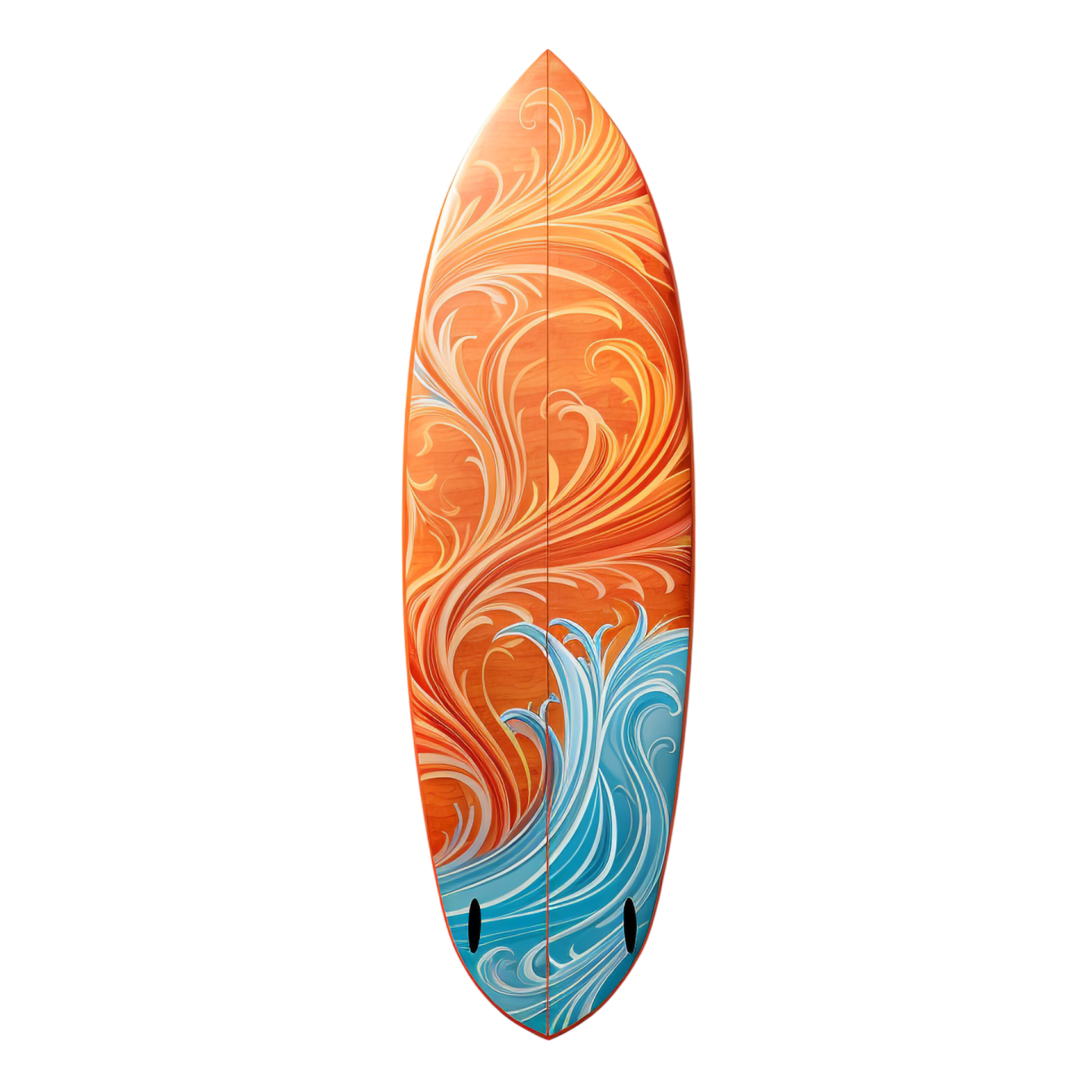 a surfboard with an orange and blue design