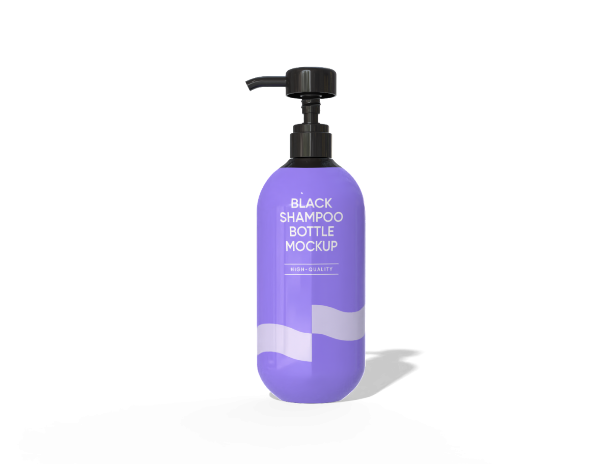 A purple bottle of sham with a black pump on it