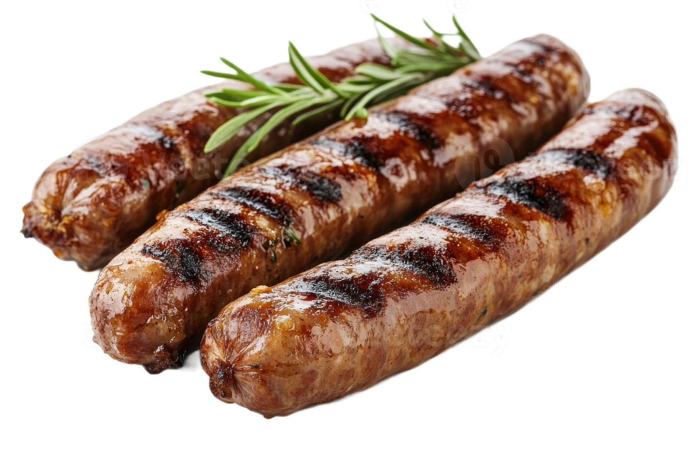 three sausages with rosemary on a white background