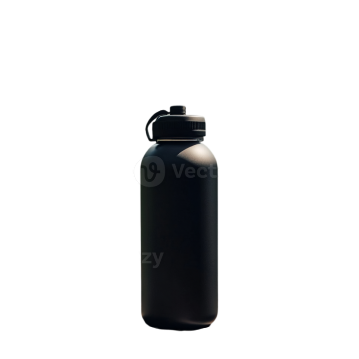 a black water bottle on a white background