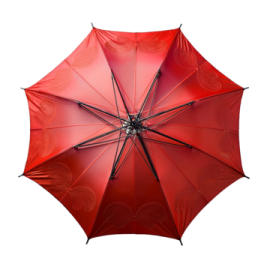 an open red umbrella with a black handle