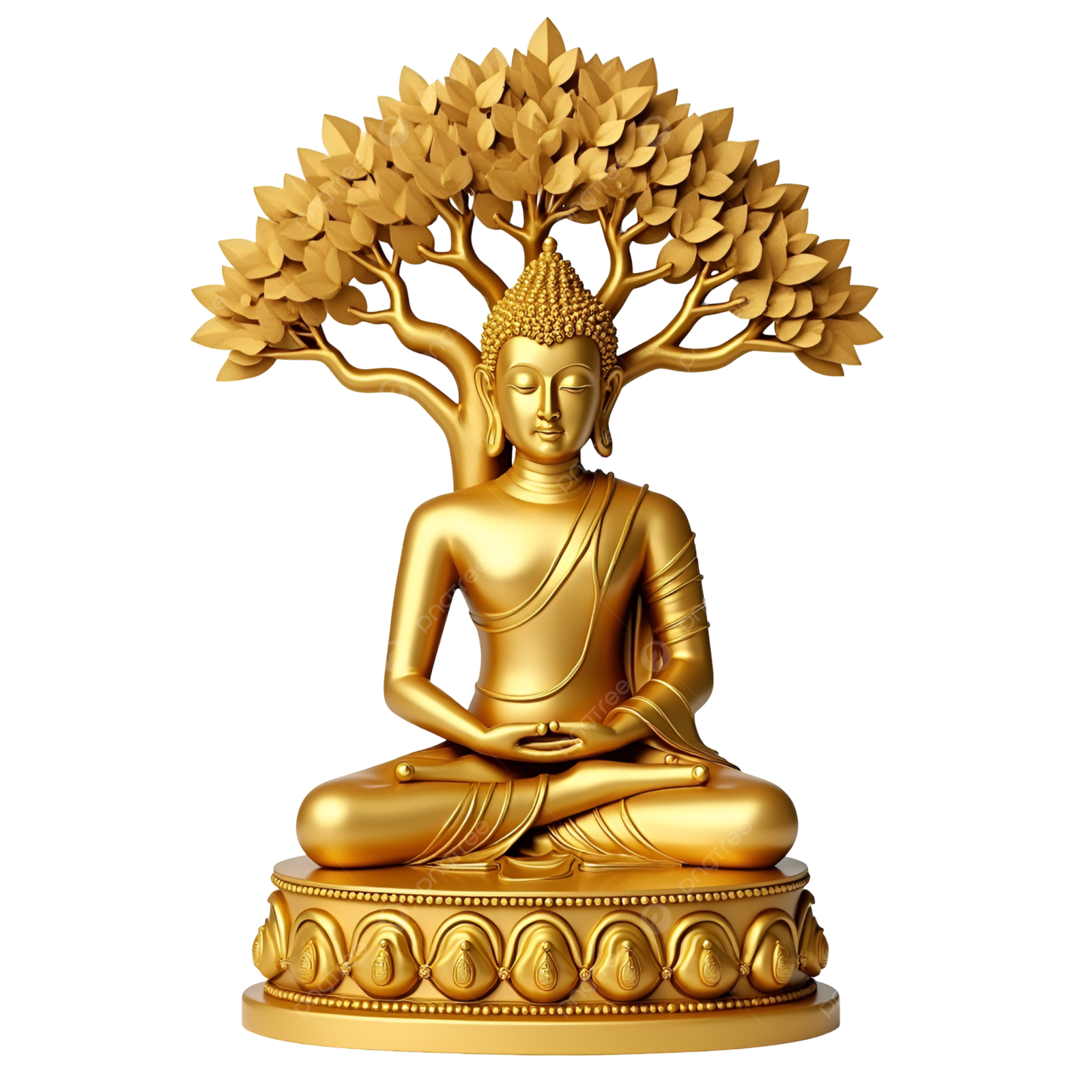 a golden buddha statue sitting under a tree