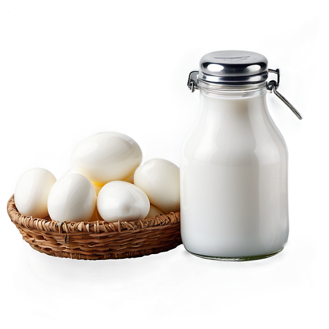 a basket of eggs next to a bottle of milk