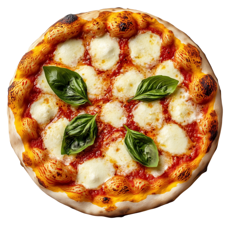 a pizza with cheese and basil leaves on it