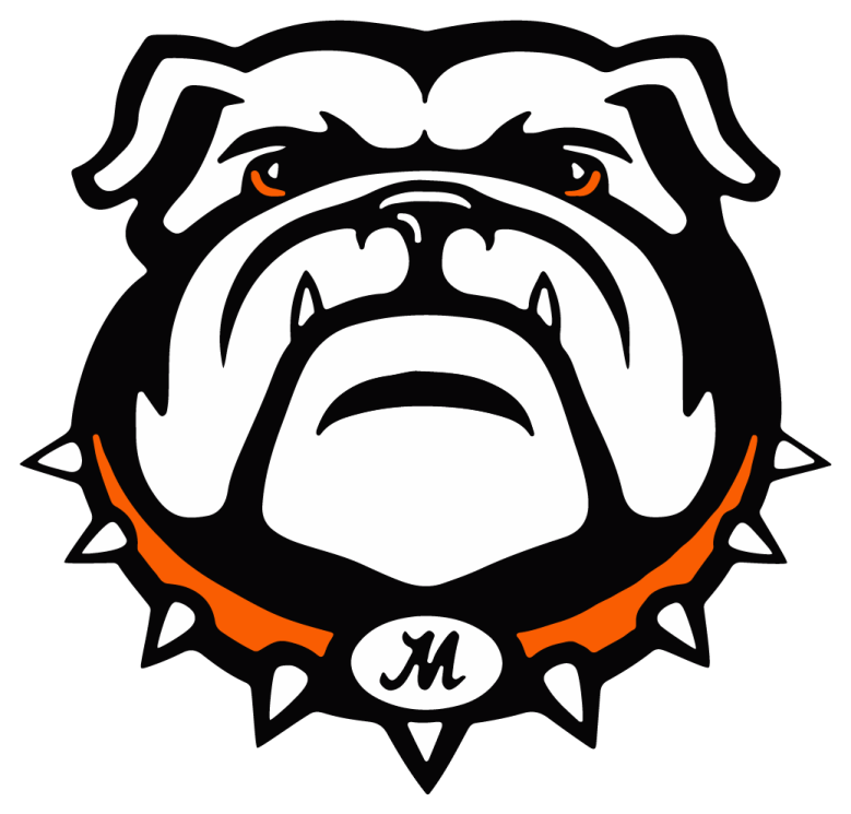 a black and white bulldog head with an orange collar