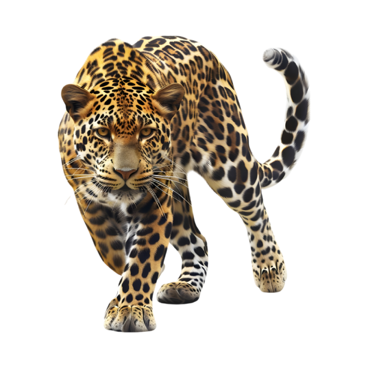 a large leopard walking across a white surface