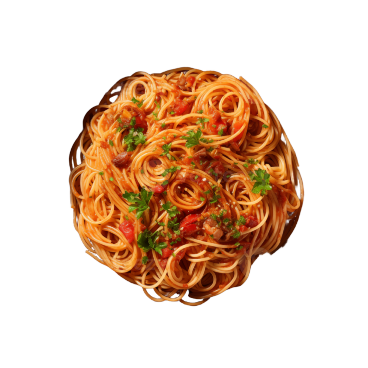 a wooden bowl filled with spaghetti and tomatoes
