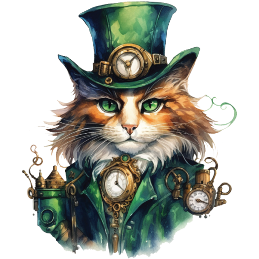 a cat wearing a top hat and holding a clock