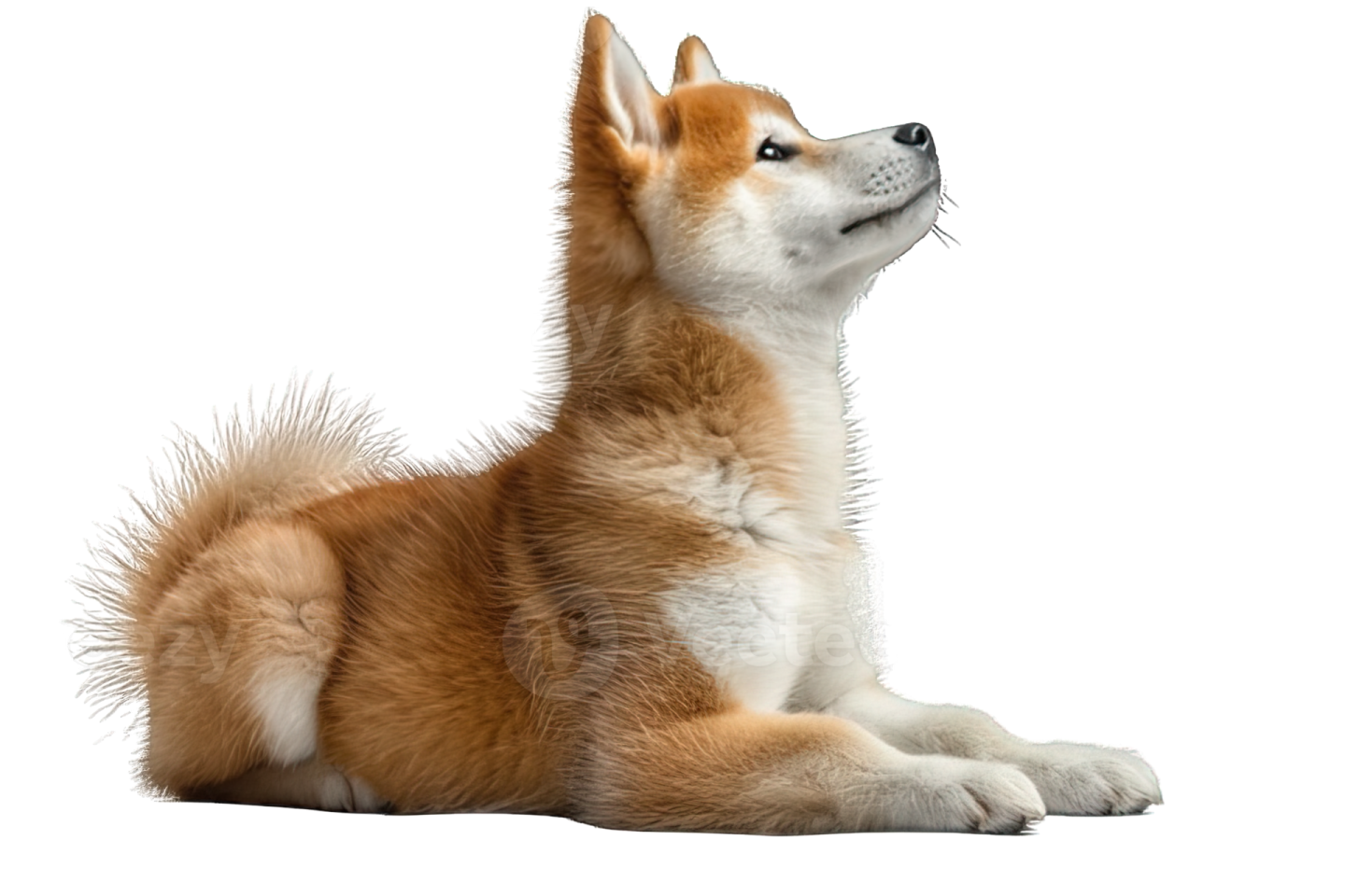 a brown and white dog laying down on the ground