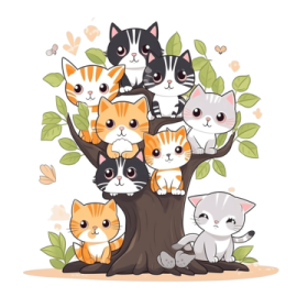 a group of cats sitting on top of a tree