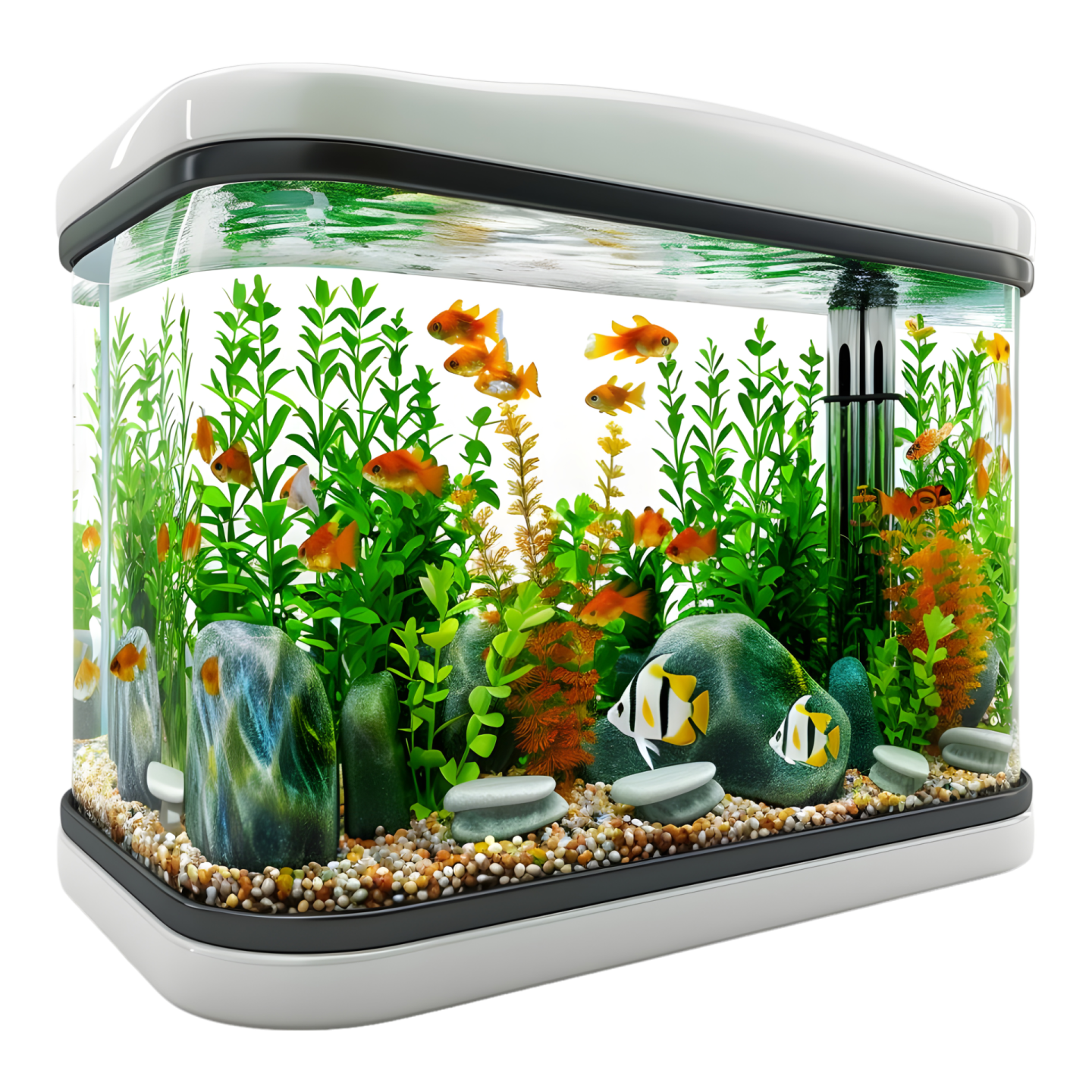 a fish tank filled with plants and rocks