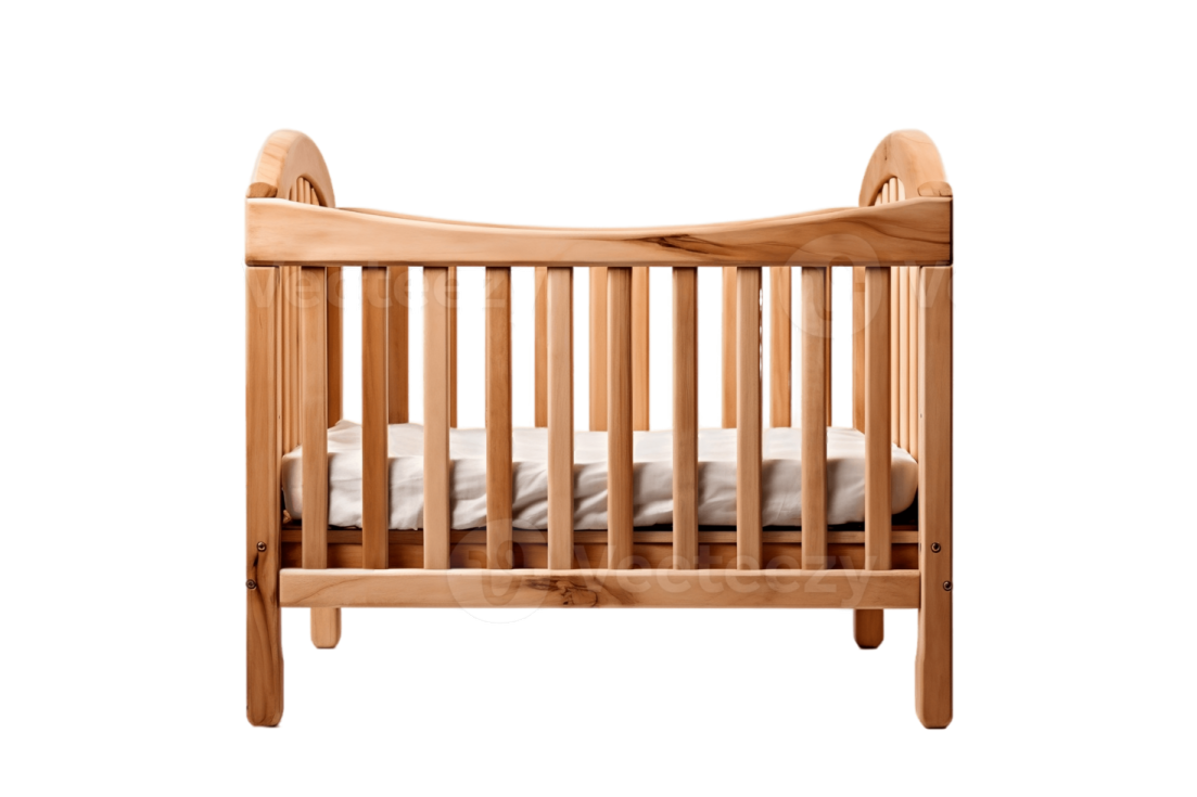 a wooden cribt with white sheets on it