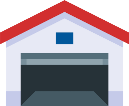 a garage with a red roof and white walls