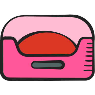 a pink bed with a red pillow
