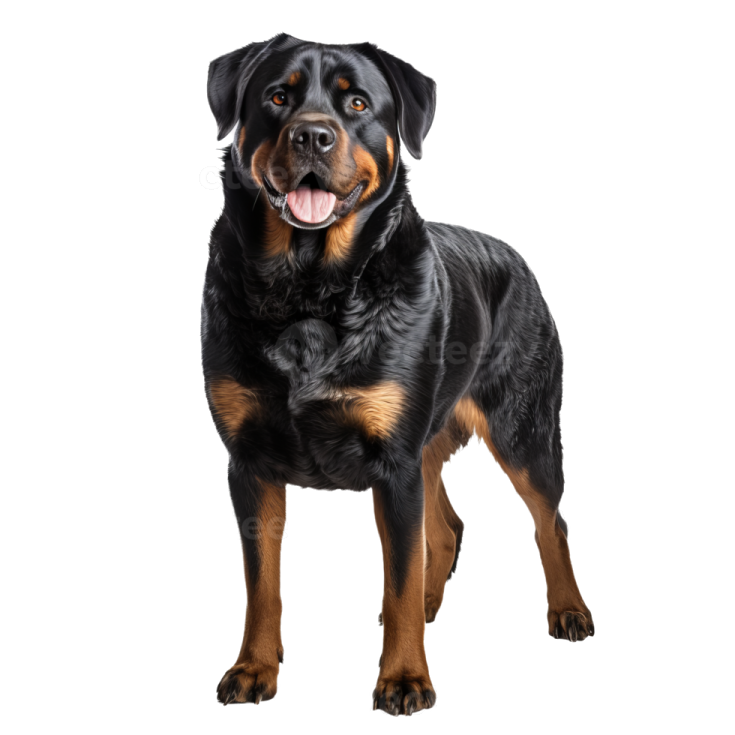 a black and brown dog standing on a white background