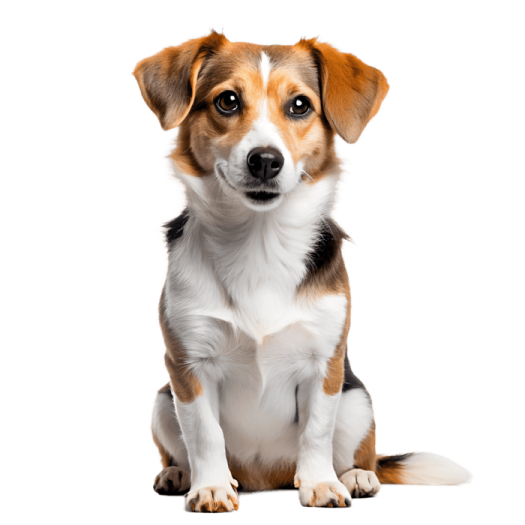 a small brown and white dog sitting down