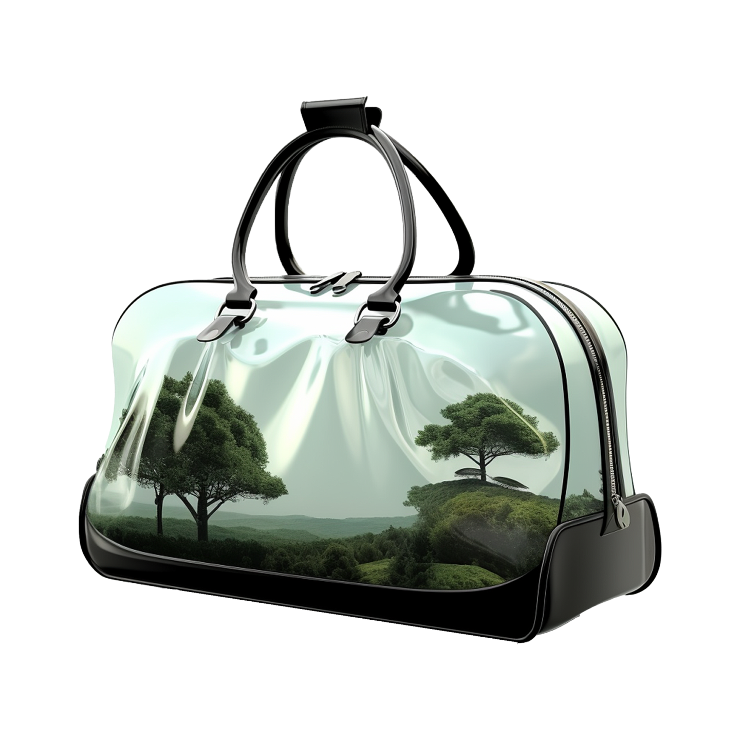 a black and white bag with trees on it