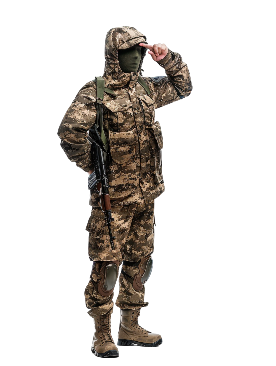 a man in camouflage clothing is talking on the phone