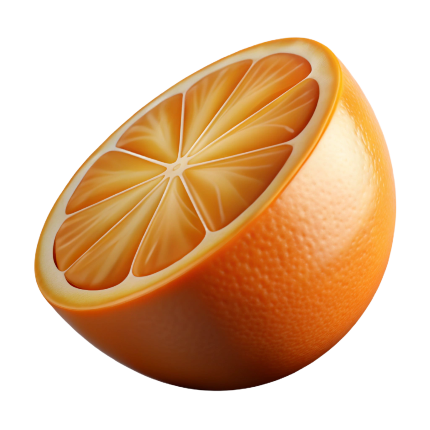 an orange cut in half on a white background