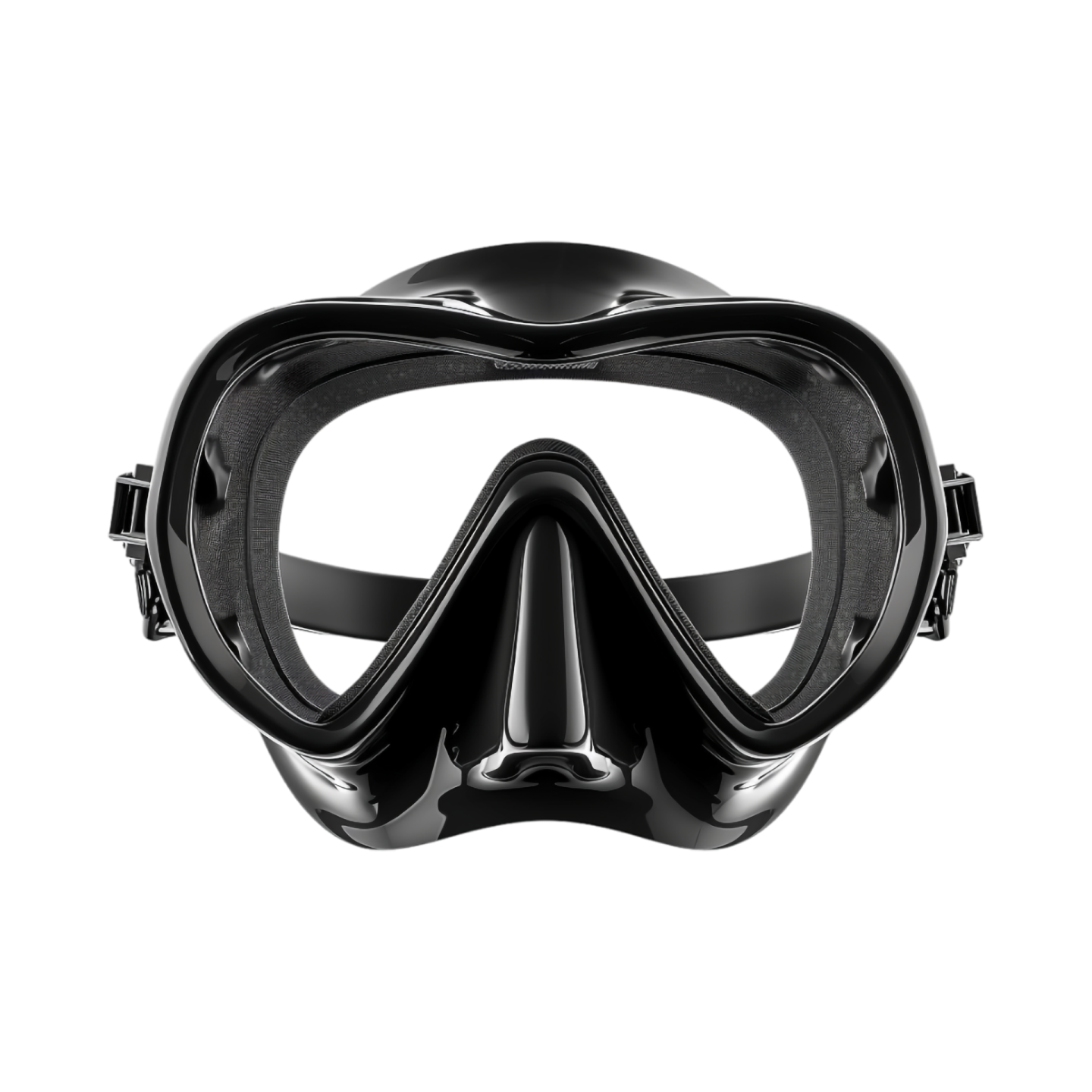 a black diving mask on a white background