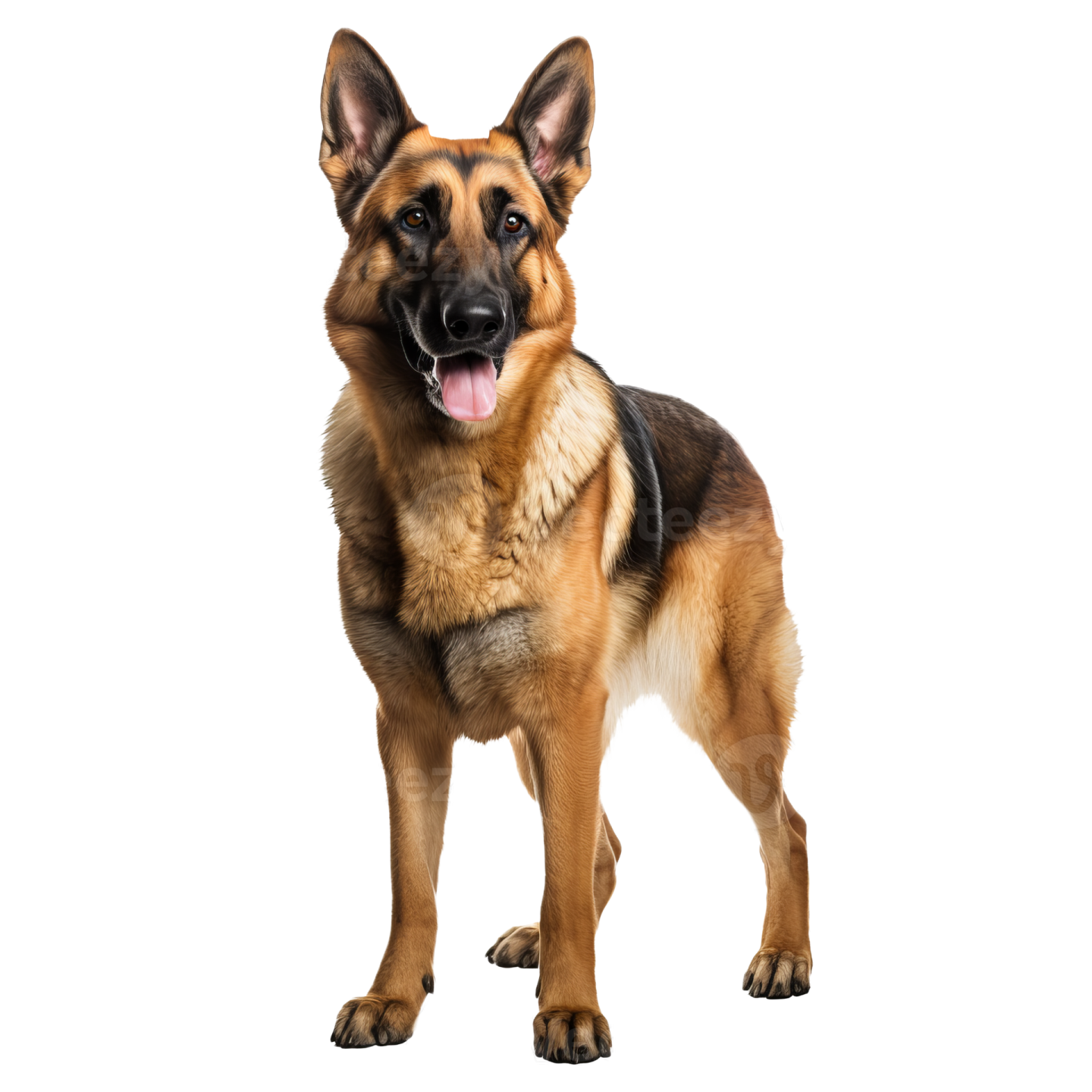a german shepherd dog standing in front of a white background