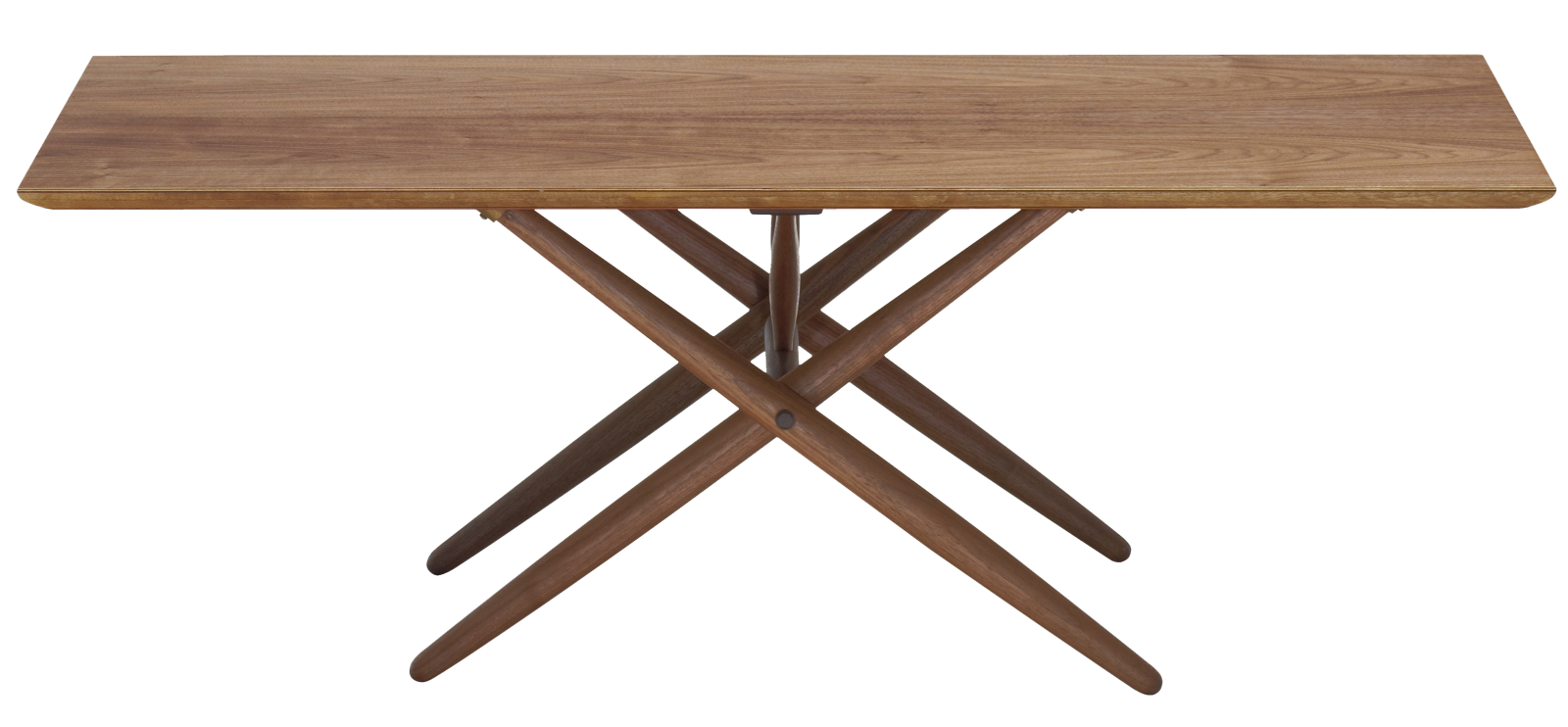 a wooden table with two crossed legs
