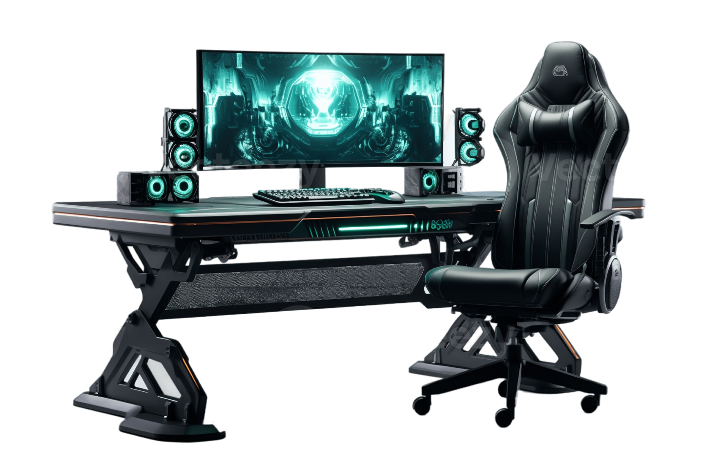 a computer desk with a gaming chair in front of it
