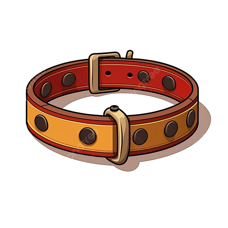 a red and yellow leather dog collar with black spots