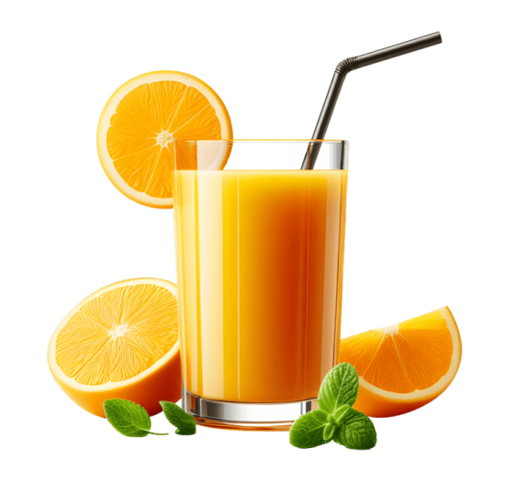 a glass of orange juice next to sliced oranges