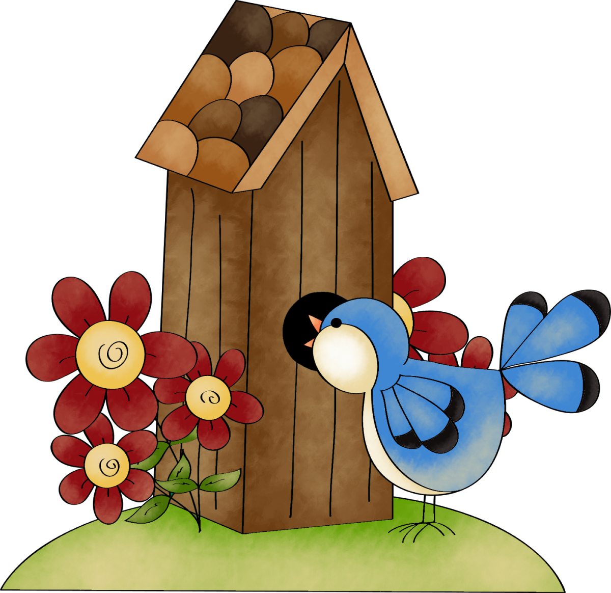 a bird sitting on top of a wooden birdhouse