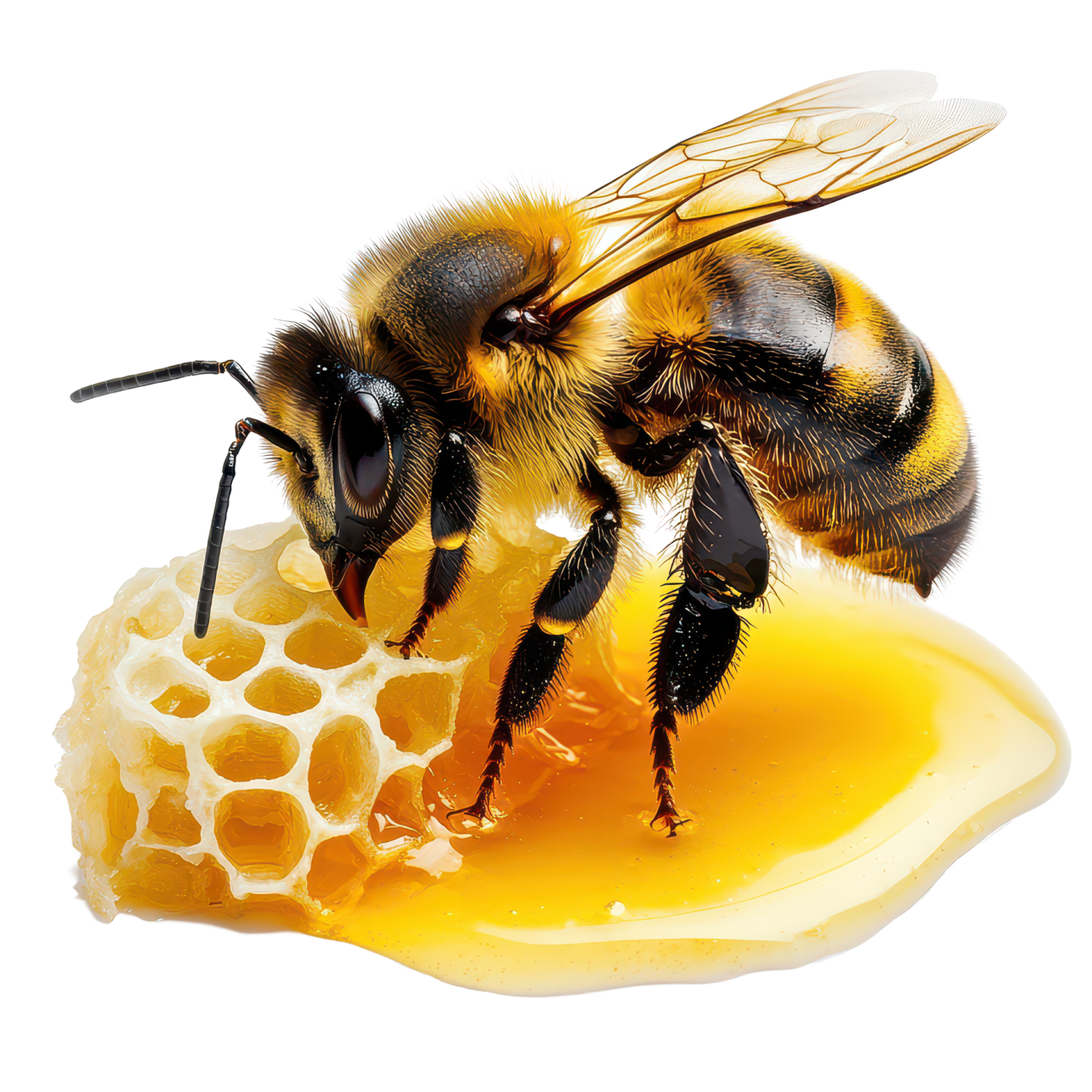 a bee is sitting on a piece of honey