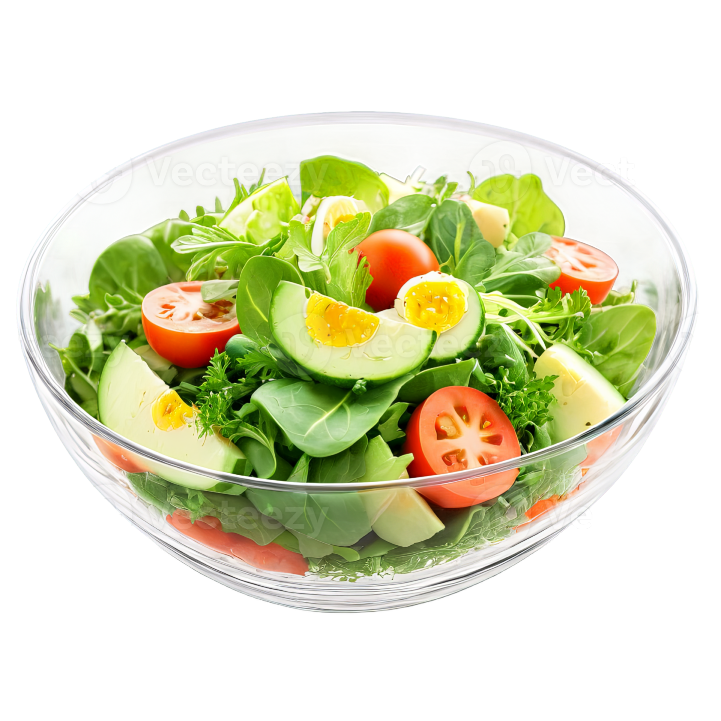 a salad in a glass bowl on a white background