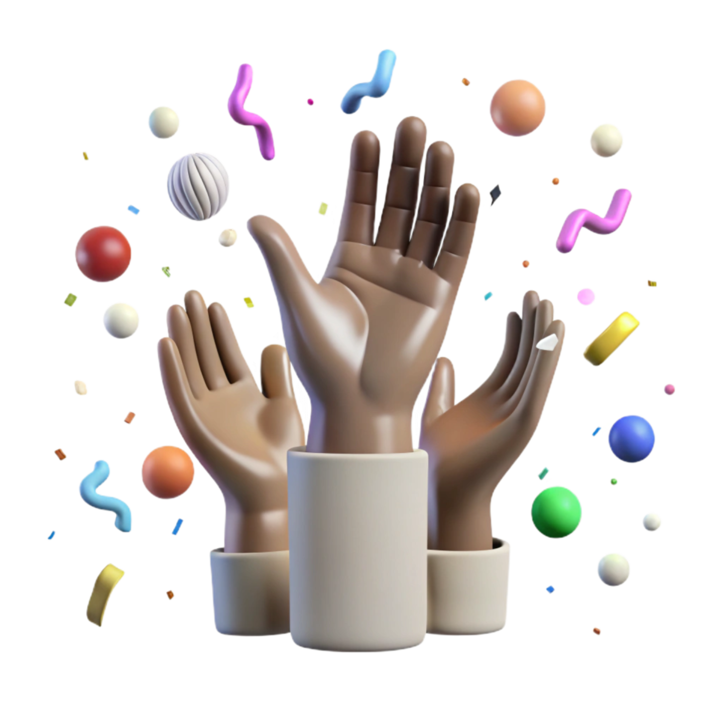 a group of hands with different colored objects