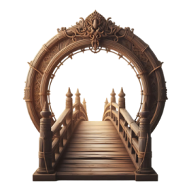 a wooden bridge with an ornate arch over it