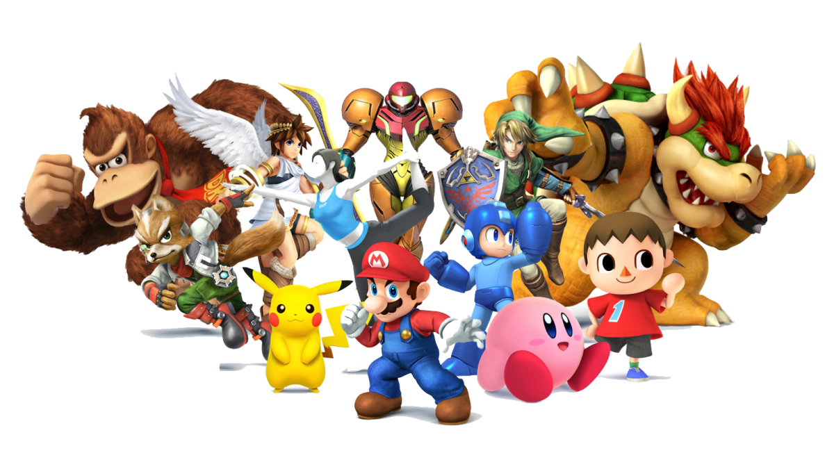 a group of nintendo characters standing in front of a white background